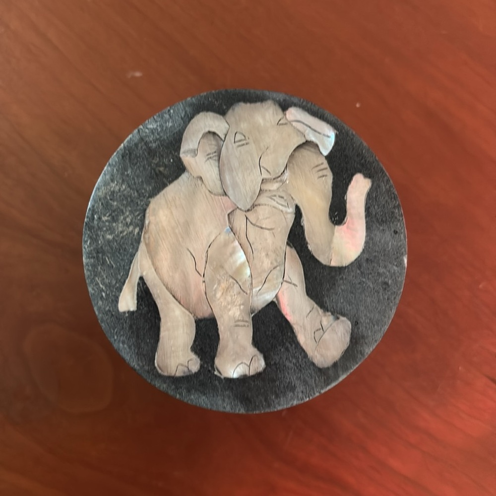 Stone jewelry box with pearl elephant inlay